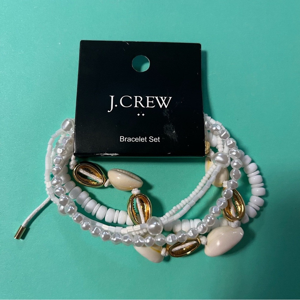 J. Crew Bracelet Set 4 White & Gold Shell Bead Bracelets Stretchy/Tie Clasp NWT